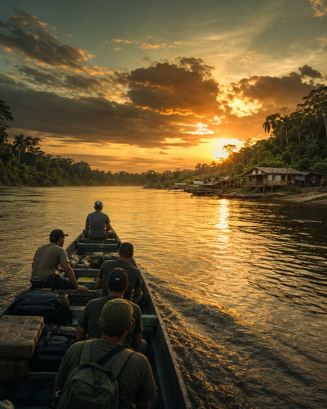 Expedição humanitária em rio amazônico ao amanhecer